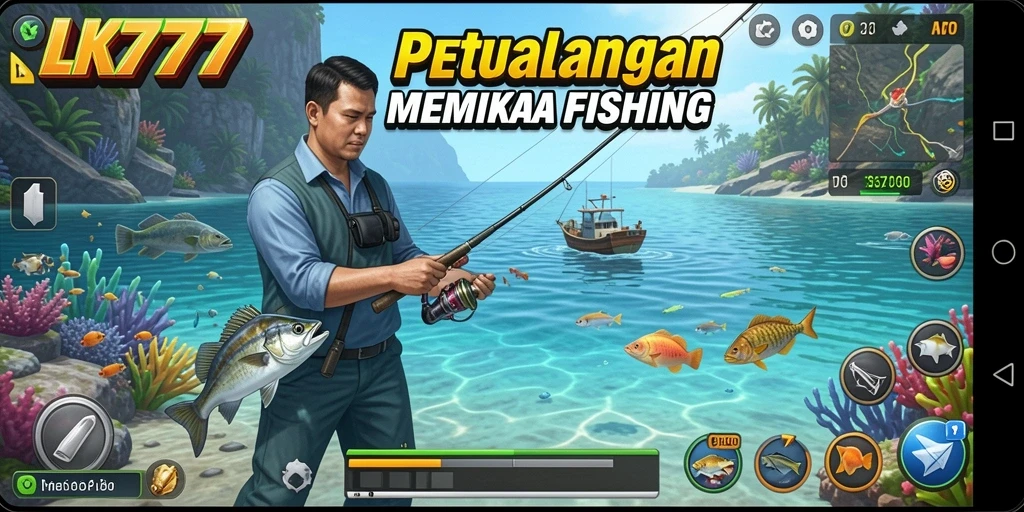 Screenshot utama LK777 menunjukkan keseruan memancing di waterbody yang indah.